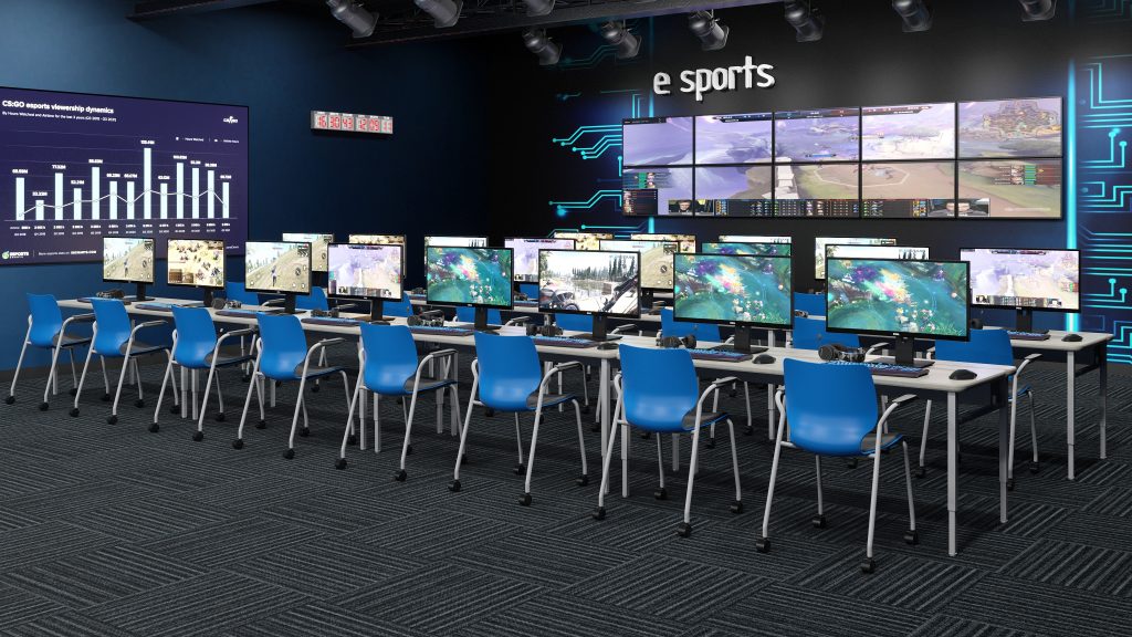 Computer rendering of an esports facilitiy in a K-12 school or college