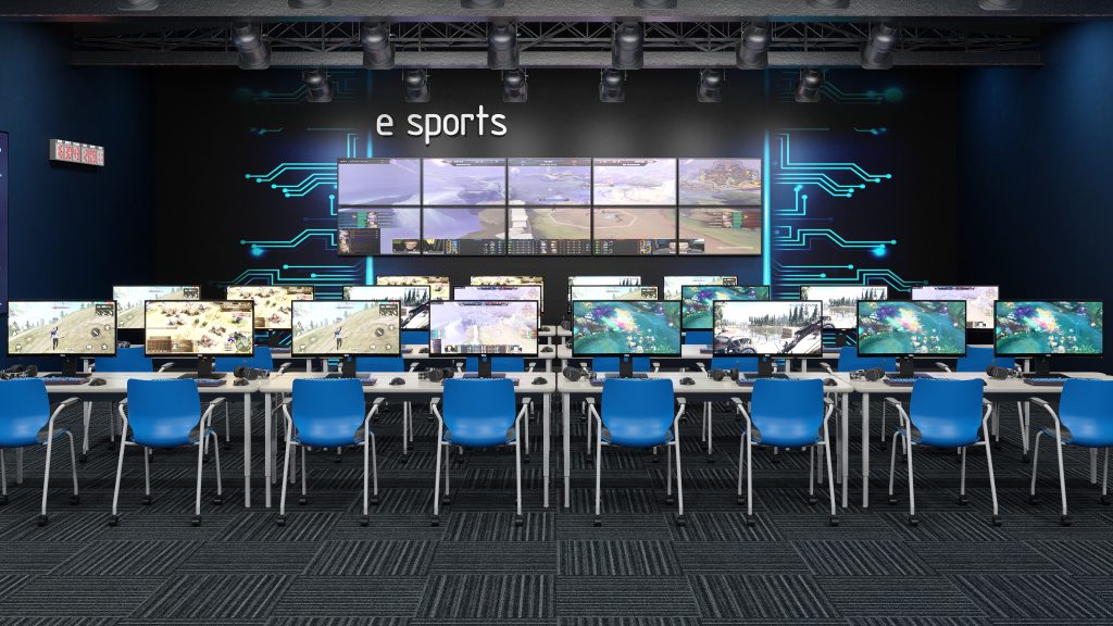 Render of an computer lab in a school dedicated to esports