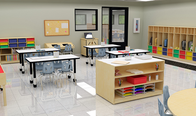 Jonti-Craft brand furniture in an elementary school classroom featuring desks, chairs, and storage solutions