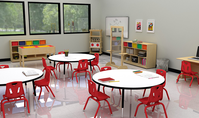 Jonti-Craft brand furniture in an elementary school classroom with red chairs, circular tables, and creative storage solutions