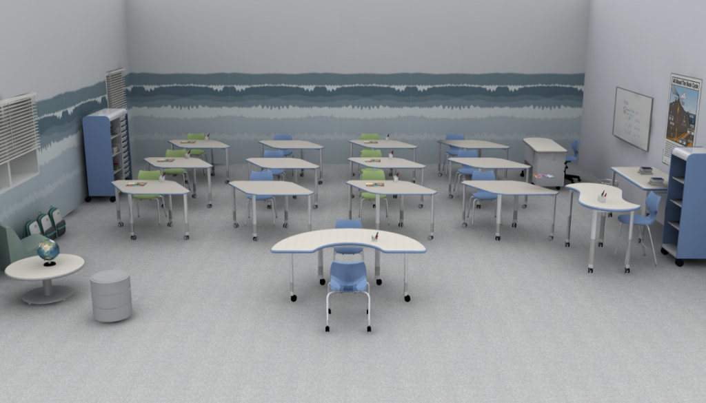 Modern classroom with desks arranged safely distanced apart to avoid the spread of COVID-19