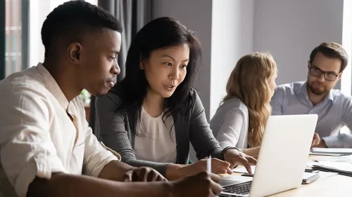 Two diverse professionals work together in front of a computer